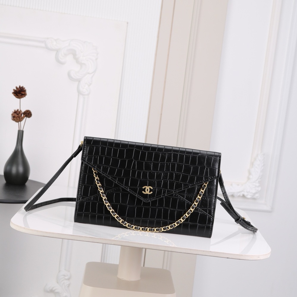 CHANEL Black Croc Embossed Envelope Style Crossbody Bag
